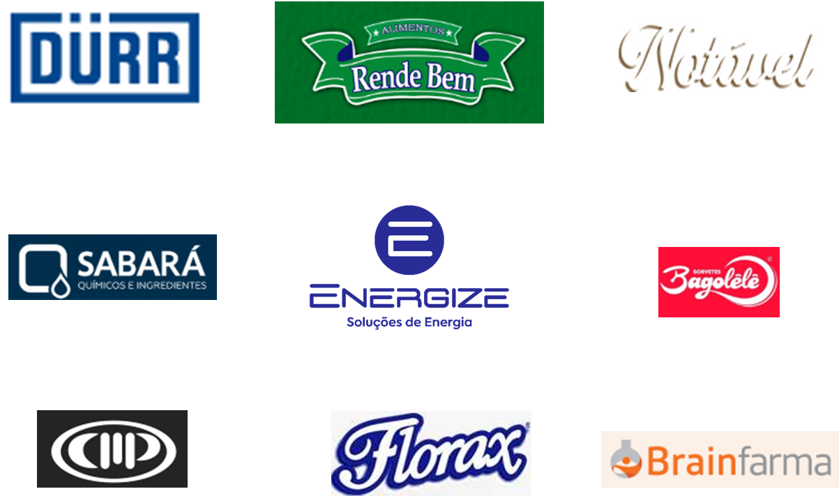 Logos dos clientes da SBM Engenharia: DURR, Rende Bem Alimentos, Marinel, Sabará Químicos e Ingredientes, Energize Soluções de Energia, Bagolele, CMP, Florax e Brainfarma